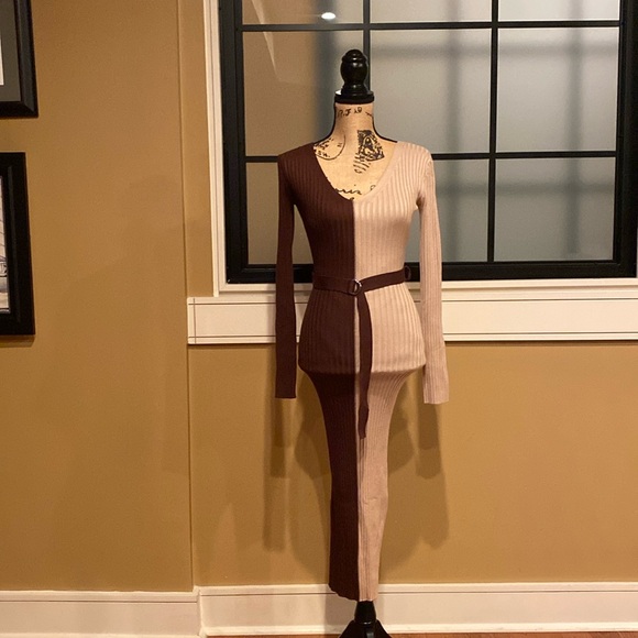 Fashion Nova Autumn Calls Colorblock Sweater Midi Dress - Chocolate/Combo. NWT - Picture 4 of 7